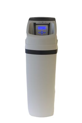 Front view of the cabinet-type water softener with lid, Neomeris, display visible